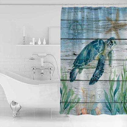 Shower Curtain Bathroom Set Sea Turtle Seagrass Starfish Waterproof Shower Curtains with Grommets Hooks Nautical Compass Blue Gradient Privacy Bath Curtain for Bathtub Decor 60x72in