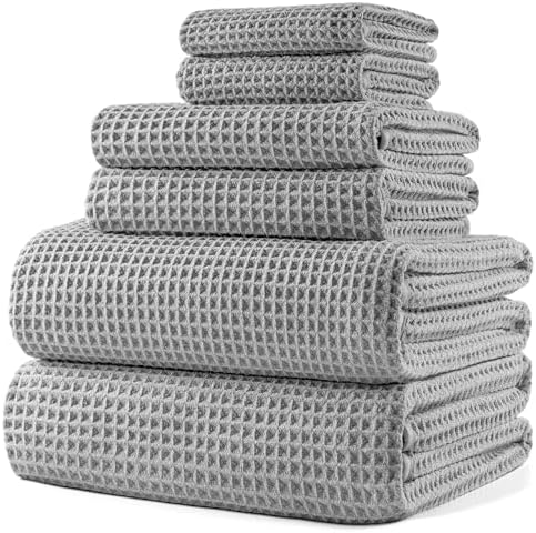 POLYTE 430 GSM Poly Blend Microfiber Quick Dry Waffle Bath Towel Set of 6