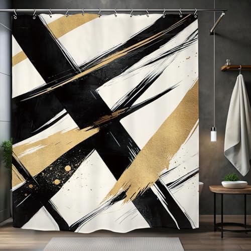 Abstract Modern Minimalist Shower Curtain 60Wx72L Inch Black Gold Neutral Contemporary Art Aesthetic Simple Bathroom Set Accessories Decor with 12 Pack Hooks
