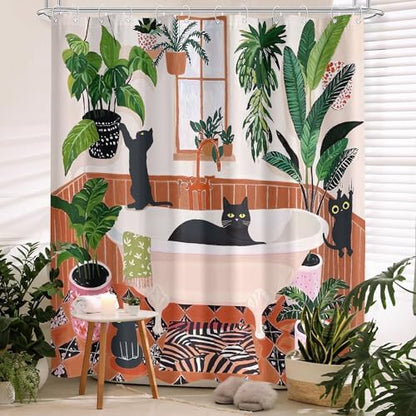 Funny Cat Shower Curtain Boho Cute Fun Black Cats Matisse Shower Curtains for Bathroom Kitten Green Tropical Plant Leaves Beige Brown Red Waterproof Fabric Bath Curtain Decor 72 X 72 Inches