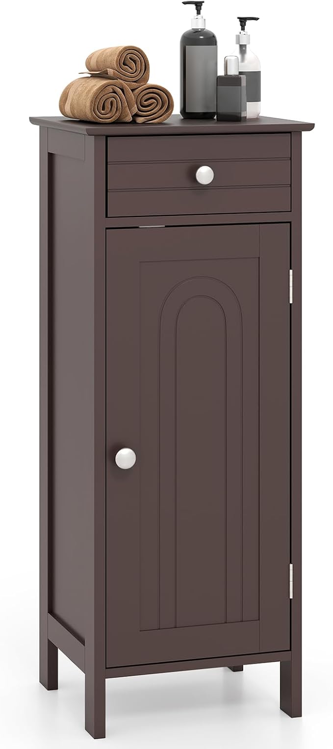 Giantex 34.5" Bathroom Cabinet with Drawer & Single Door (Brown) | Narrow Side Storage Organizer with 6 Shelf Positions, Freestanding Floor Storage Cabinet for Bathroom, Living Room, Entryway