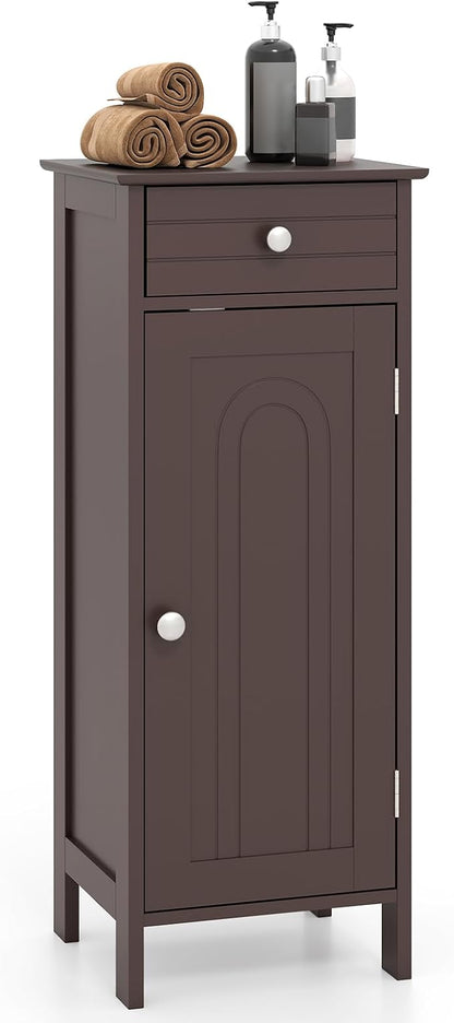 Giantex 34.5" Bathroom Cabinet with Drawer & Single Door (Brown) | Narrow Side Storage Organizer with 6 Shelf Positions, Freestanding Floor Storage Cabinet for Bathroom, Living Room, Entryway