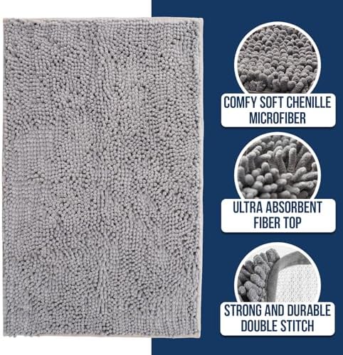 Muddy Mat Chenille Bathroom Rugs Quick Dry Microfiber Mats Non Slip Washable, Extra Thick, Soft and Highly Absorbent Bath Mats for Bathroom, Kitchen, and Shower Floor - Grey Small 28"X18"