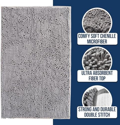 Muddy Mat® | Chenille Bathroom Rugs Quick Dry Microfiber Mats Non Slip Washable, Extra Thick, Soft and Highly Absorbent Bath Mats for Bathroom, Kitchen, and Shower Floor - Grey 35"x59"