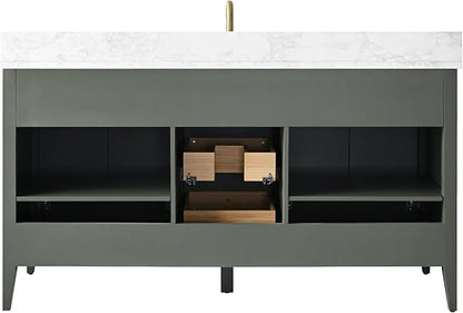 HOMEBEYOND 60" Bathroom Vanity with Single Sink, Solid Wood Bathroom Vanity Free-Standing Cabinet, Ceramic Top & Soft Closing Door, Golden Brushed Handware, Vintage Green