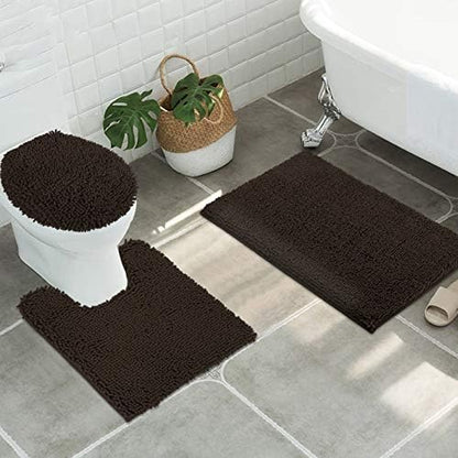ITSOFT Standard 3pc Non-Slip Shaggy Chenille Bathroom Mat Set, Includes 24"x21" U-Shaped Contour Toilet Rug, 34"x21" Bathmat and 1 Toilet Lid Cover, Chocolate Brown