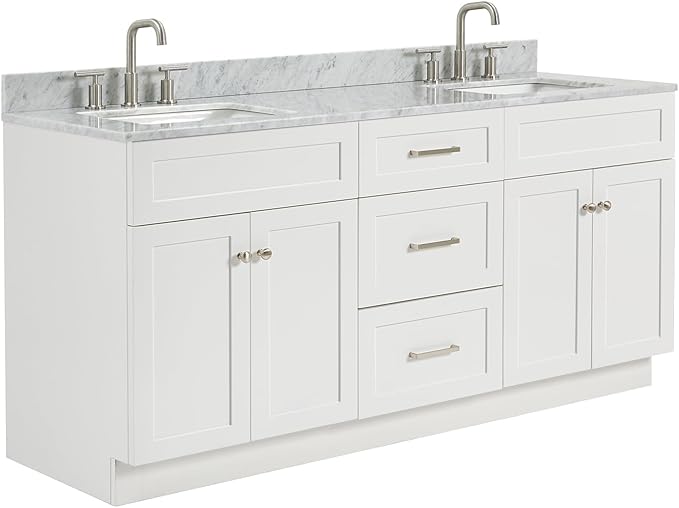 ARIEL Hamlet 72-inch Bathroom Vanity with Sink,Solid Wood, 0.75-inch Italian Carrara Marble Countertop & Backsplash, Double Oval Sink, 4 Soft Closing Doors, 3 Dovetail Drawers, White