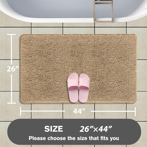 Beige Bathroom Rugs – Absorbent and Washable Bath Mat, Non-Slip, Thick Soft Chenille Bath Rugs for Bathroom Floor, Shower, Sink - 26" x 44"