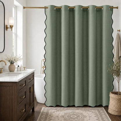 Furlinic Extra Long Shower Curtain Scalloped No Hook Olive Green W72 x H96