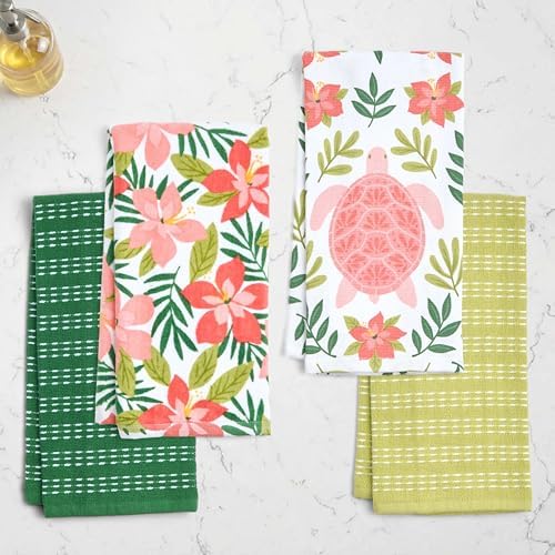 Ritz 4-Piece Kitchen Towel Set, Turtle Foliage & Hibiscus Floral Prints with Pine & Lime Green Textured Terry, 100% Cotton & Absorbent Cotton Blend, 16" x 26", Tropical Coastal Kitchen Decor
