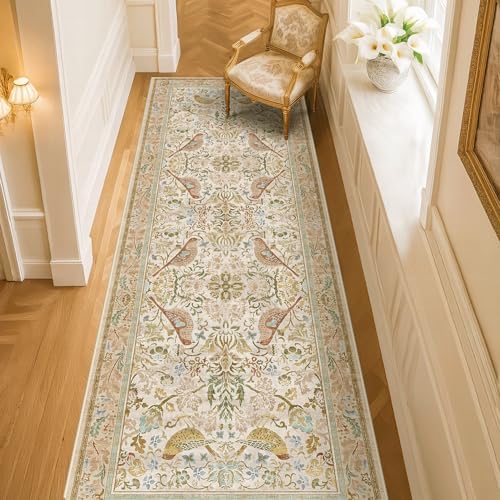Hazo Haus 2'6"x8' Long Hallway Runner Rug - Vintage Botanical Wide Runners for Kitchen Bedroom Hall Way, Washable Non Slip with Rubber Backing, Beige Floral Décor