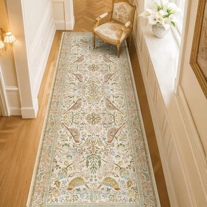 Hazo Haus Boho Long Bathroom Runner Rug 2x6 - Floral & Bird Runner Rug for Kitchen Floor, Hallway, Laundry Room, Bedroom, Entrance, Beige Neutral Vintage Decor, Washable Non Slip Low Pile