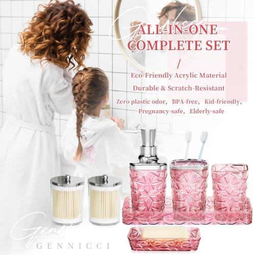 Pink Bathroom Accessories 7 Pcs, Pink Bathroom Set, Acrylic Soap Dispenser and Toothbrush Holder Set, Qtip Holder Set, Bathroom Sink Set, Gift for Home Apartment