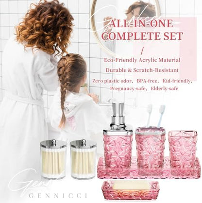 Pink Bathroom Accessories 7 Pcs, Pink Bathroom Set, Acrylic Soap Dispenser and Toothbrush Holder Set, Qtip Holder Set, Bathroom Sink Set, Gift for Home Apartment