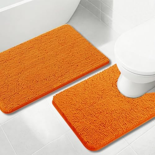 Bathroom Rugs Chenille, Extra Thick and Absorbent, Non-Slip, Machine Washable, Dry Quckily, Soft Cozy Plush, Used Under Shower Bathtub and Sink, Bath mat Sets Orange