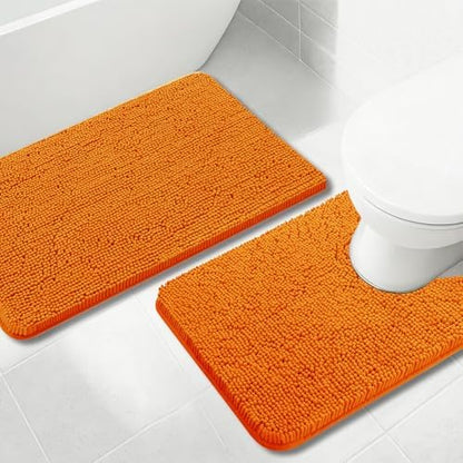 Bathroom Rugs Chenille, Extra Thick and Absorbent, Non-Slip, Machine Washable, Dry Quckily, Soft Cozy Plush, Used Under Shower Bathtub and Sink, Bath mat Sets Orange