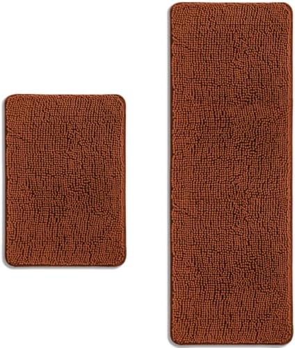 Bathroom Rugs Sets 2 Piece – Absorbent and Washable Bath Mat, Non-Slip, Thick Soft Chenille Bath Rugs for Bathroom Floor, Shower, Sink(17" x 24"+17" x 47", Rust)