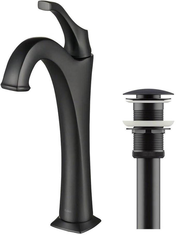 KRAUS KBF-1201MB Arlo Single Handle Basin Bathroom Faucet with Lift Rod Drain and Deck Plate, Matte Black