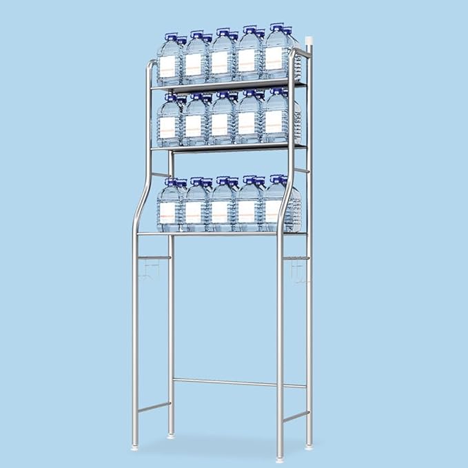 2-Tier Over The Toilet Storage, Over Toilet Bathroom Organizer, Freestanding Metal Bathroom Shelves, Over The Toilet Organizer with Hooks and Paper Holder, Space-Saving, Stainless Steel