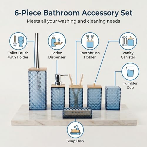Blue Bathroom Accessory Set, 6 PCS Blue Bathroom Accessories Set, Soap Dispenser, Toothbrush Holder, Soap Dish, Mouthwash Cup, Cotton Swab Holder and Toilet Brush, Acrylic