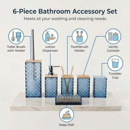 Blue Bathroom Accessory Set, 6 PCS Blue Bathroom Accessories Set, Soap Dispenser, Toothbrush Holder, Soap Dish, Mouthwash Cup, Cotton Swab Holder and Toilet Brush, Acrylic