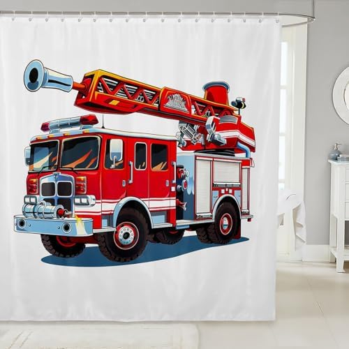 3D Fire Truck Fabric Bathroom Shower Curtain Cartoon Car Vehicle Waterproof Shower Curtains for Kids Boys Girls Firemen Rescue Fire Fighting Shower Curtain with Hooks Red Car Curtain,72x78 Inches