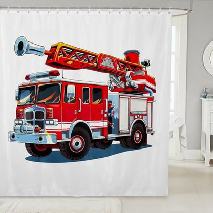 3D Fire Truck Fabric Bathroom Shower Curtain Cartoon Car Vehicle Waterproof Shower Curtains for Kids Boys Girls Firemen Rescue Fire Fighting Shower Curtain with Hooks Red Car Curtain,72x78 Inches