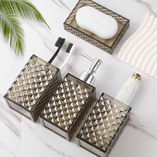 RYTOXILO Brown Bathroom Accessories Set, 4 Pack Acrylic Bath Accessory Sets Complete, Diamond Soap Dispenser and Toothbrush Holder Bathroom Counter Sink Set, Boho Modern Bathroom Decor