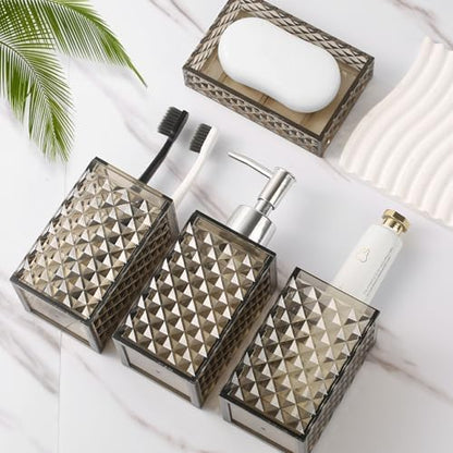 RYTOXILO Brown Bathroom Accessories Set, 4 Pack Acrylic Bath Accessory Sets Complete, Diamond Soap Dispenser and Toothbrush Holder Bathroom Counter Sink Set, Boho Modern Bathroom Decor