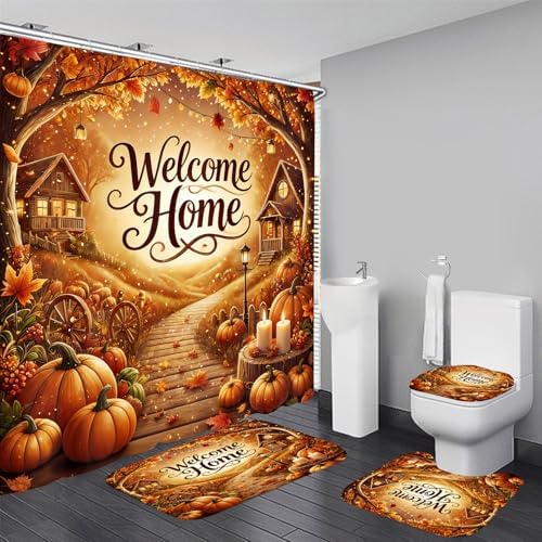 Yddsky 4PCS Fall Maple Pumpkin Shower Curtain Sets for Bathroom,72x72 Inch
