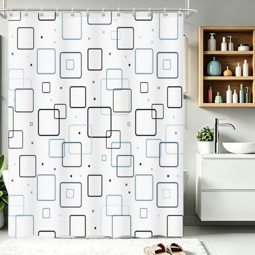 Modern Geometric Square Blue and White Shower Curtain, 72" W x 72" L