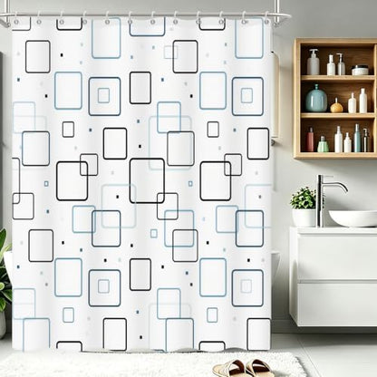 Modern Geometric Square Blue and White Shower Curtain, 72" W x 72" L
