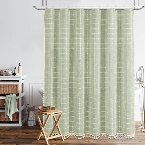BTTN 72x80 Boho Farmhouse Linen Heavy Duty Shower Curtain Set, Sage Green