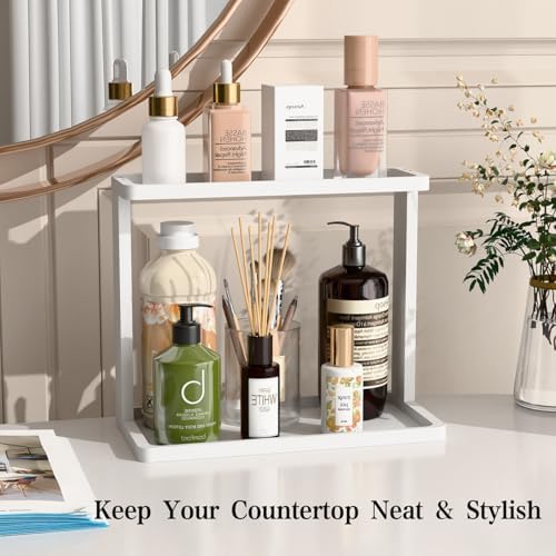 PEKER Bamboo Bathroom Organizer Countertop – Small Vanity Storage Shelf for Makeup, Perfume, Skincare – Natural Cosmetics Display Rack for Dresser, Sink, Kitchen –White