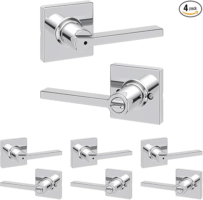 Kwikset Casey Interior Privacy Door Handle with Lock, Door Lever for Bathroom and Bedroom, Polished Chrome Reversible Keyless Turn Lock (Pack of 4)