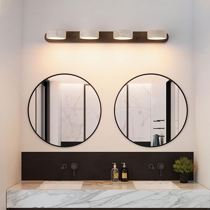 Yellow Travertine Vanity Light, 27.6" Wabi Sabi Modern Wooden Bathroom Light 360° Rotatable Natural Stone Lampshade Wall Lighting Fixture Over Mirror for Bathroom Farmhouse Home Decor (4 Lights)