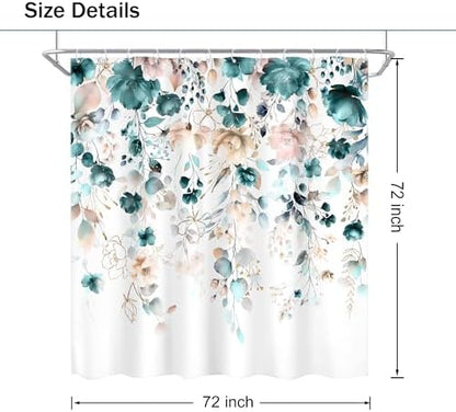 Floral Teal Green Eucalyptus Leaf Rustic Bathroom Shower Curtain Set