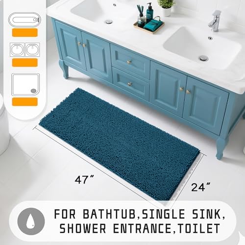 Yimobra Long Bathroom Rugs 47"x24", Extra Soft Non Slip Bath Mat for Tub, Super Absorbent Quick Dry Shaggy Rug Floor Carpet, Machine Washable,Peacock Blue