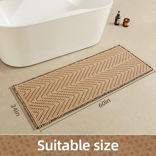 Sunfly Waffle Runner Bath Mat，Long Bathroom Rugs Non Slip Washable, Ultra Soft Super Absorbent Quick Dry Boho Farmhouse Bathroom Decor, 24" x 60", Black &Khaki
