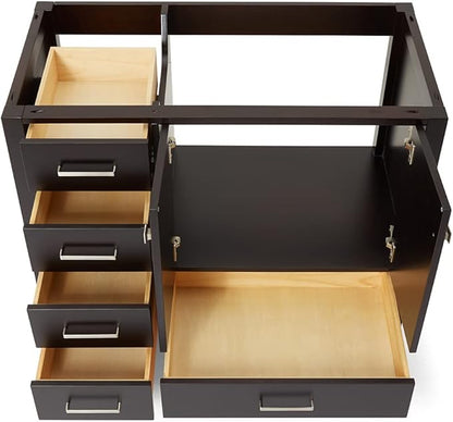ARIEL Cambridge 42-inch Bathroom Vanity Base Cabinet,Solid Wood, 2 Soft Closing Doors, 5 Dovetail Drawers, Espresso