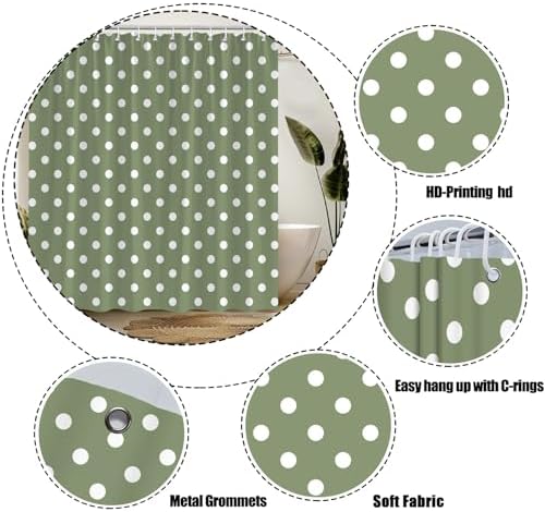 Polka Dot Shower Curtain Sage Green White Retro Spot Vintage Fabric Decorative Bathroom Curtains with Hooks,60" Wx70 H