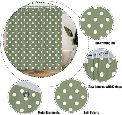 Polka Dot Shower Curtain Sage Green White Retro Spot Vintage Fabric Decorative Bathroom Curtains with Hooks,70" Wx70 H