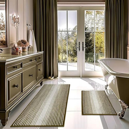 BSICPRO Bathroom Rugs Sets 2 Piece, Non Slip Striped Bath Mat, Coyote Brown