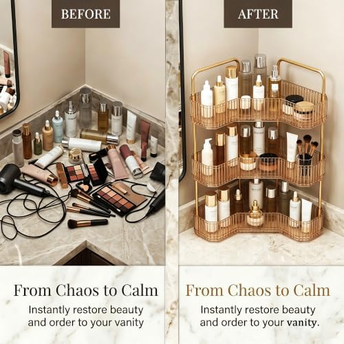 3-Tier Corner Bathroom Organizer, Skincare Vanity Counter Shelf Orange