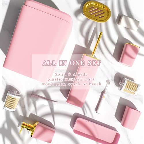 XLHOMO Bathroom Accessories Set - Luxury Pink Bathroom Set, 9 Pieces Bathroom Accessory Set, Pink Bathroom Accessories with Trash Can, Toilet Brush & Soap Dispenser