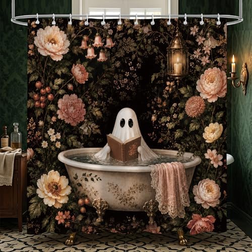 Ghost Shower Curtain 72 x 72 Inch, Waterproof Polyester Halloween Bathroom Curtain with 12 Plastic Hooks, Dark Floral Vintage Bathtub Bath Curtain for Tub Decor