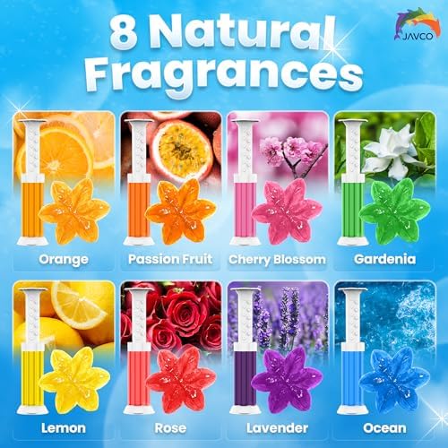 JAVCO Toilet Gel Stamps, 96 Flower Stamps Toilet Bowl Freshener, Long Lasting Toilet Cleaners Gel for Bathroom Odor Control, 8 Mixed Scents, Automatic Toilet Bowl Deodorizer, 18 Month Supply