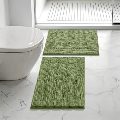 Bcoimo Bath Rugs Mat Set,2 Piece Non Slip Chenille Sage Bathroom Mat Sets
