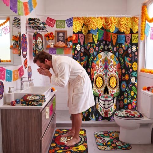 FuWeave 8 Pcs Day of the Dead Shower Curtain Set for Bathroom Decor, Mexican Sugar Skull & Floral Dia De Los Muertos Shower Curtain with Towels, Non Slip Bath Mat, Toilet Lid Cover and 12 Hooks