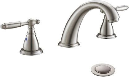 8 Inch 3 Holes Brushed Nickel Low Arc Widespread Bathroom Sink Faucet, 2 Handles Bathroom Faucet with Stainless Steel Pop Up Drain, WF008-4-BN
